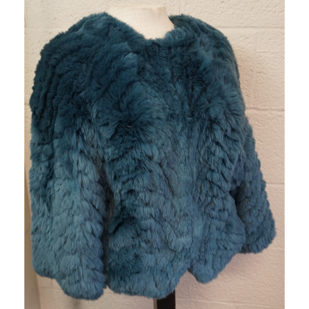 Barneys New York Teal Real Rabbit Fur Jacket Cropped Jagger Luxury Coat Size S - Picture 11 of 15